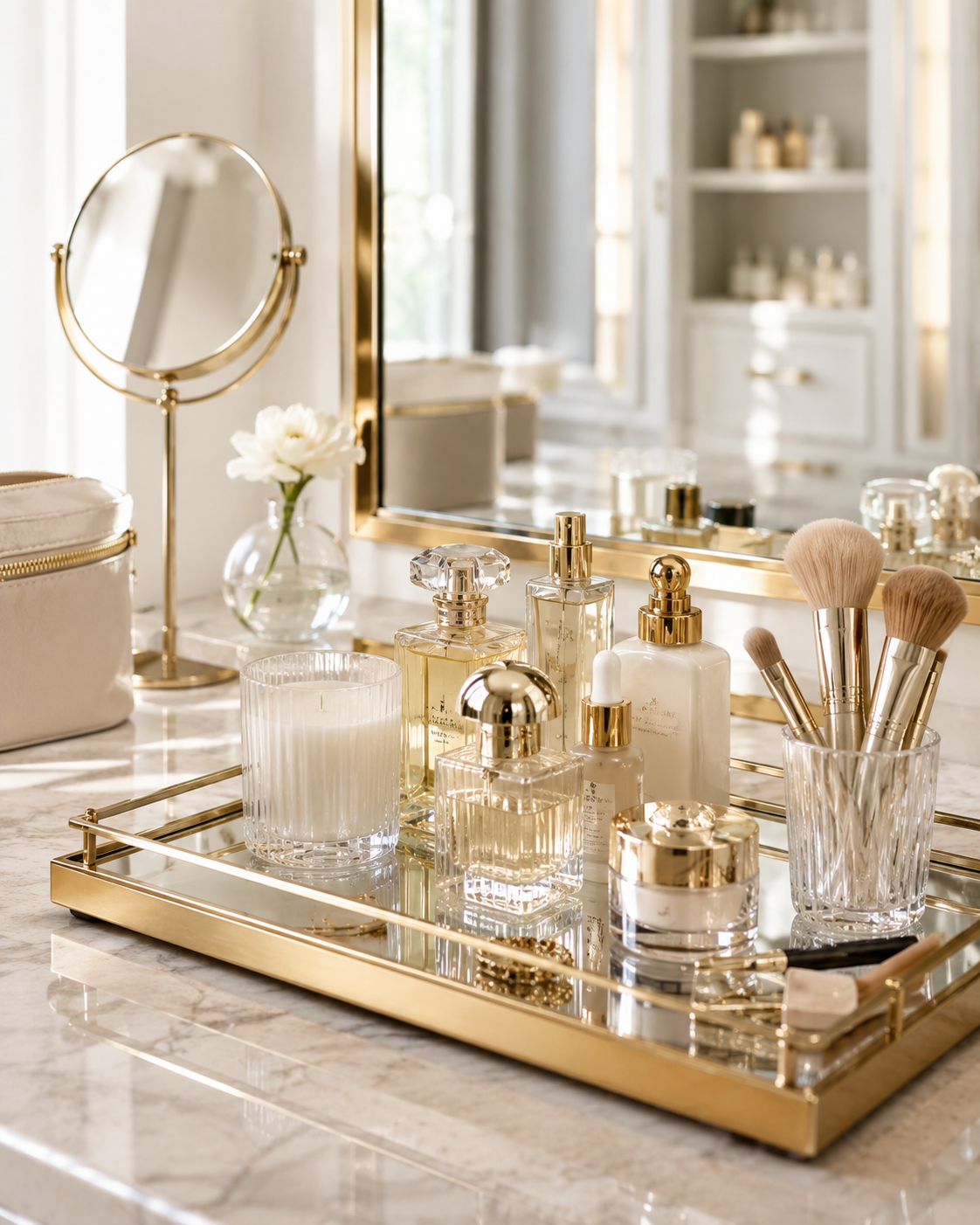 Elegant vanity with perfume and beauty essentials