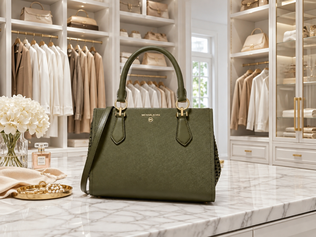 Structured olive-green handbag styled in an elegant neutral wardrobe
