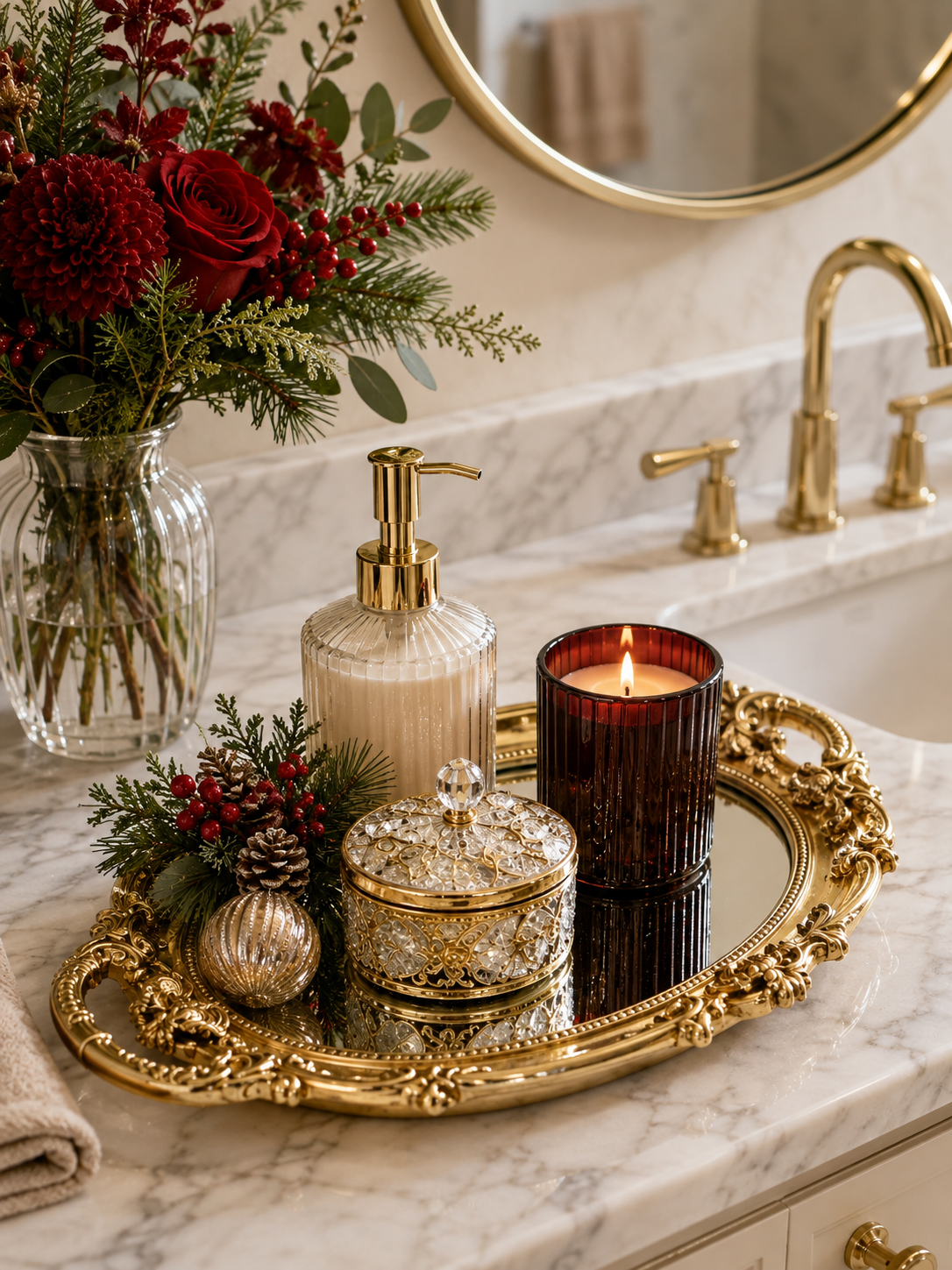 Elegant Bathroom Decor That Makes a Big Impact Christmas bathroom tray with a gold mirrored tray, candle, soap dispenser, decorative box, and seasonal florals on a marble vanity with gold fixtures.