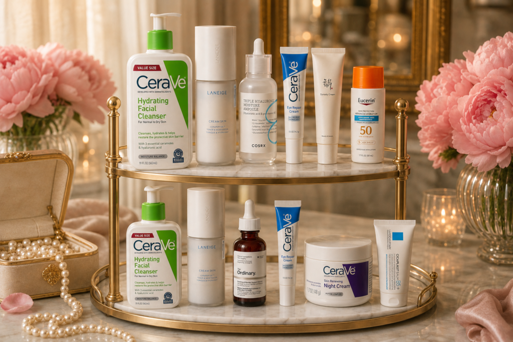 AM & PM Skincare Routine for Dry Skin AM and PM skincare products for dry skin displayed on a two-tier marble and gold vanity tray with pearls and pink peonies