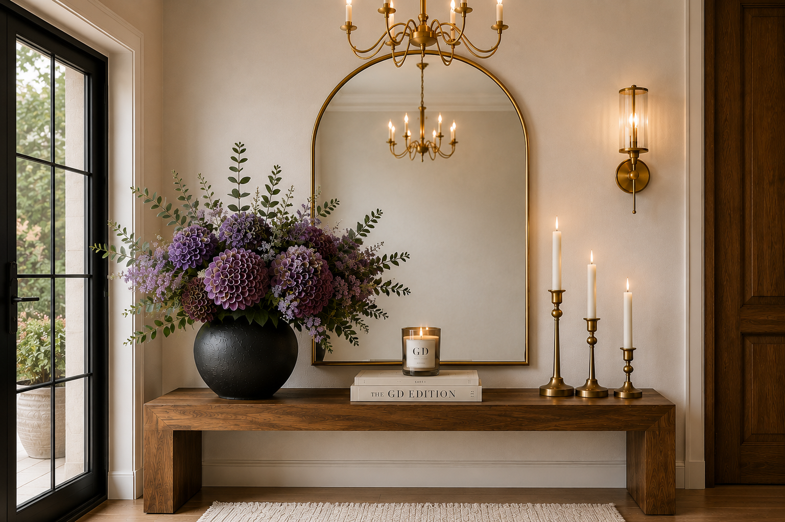 How to Style an Elegant Entryway Table Elegant wooden entryway console table with arched brass mirror, black vase with purple flowers, and brass candle holders