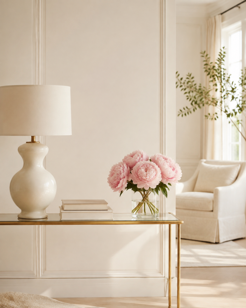 Elegant neutral living room with pink peonies and gold accents