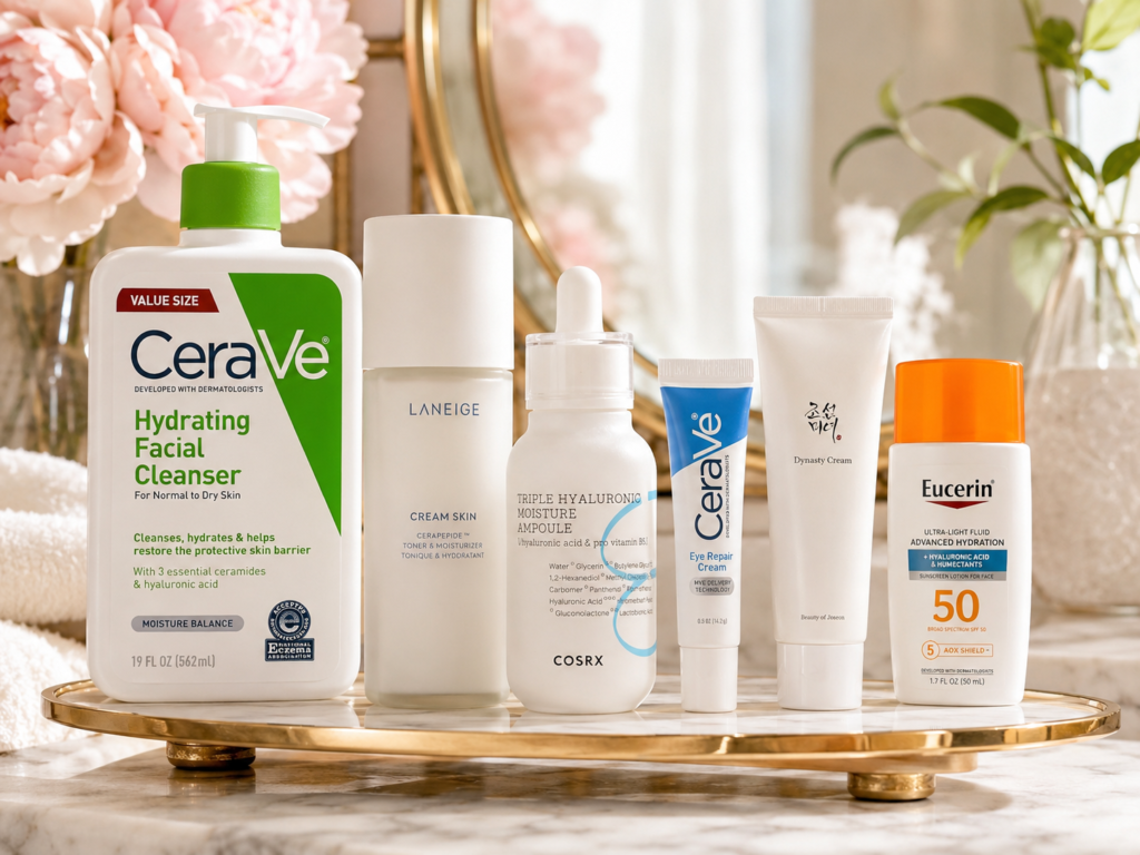 Elegant AM skincare routine for dry skin featuring CeraVe, LANEIGE, COSRX, Beauty of Joseon, and Eucerin on a luxury vanity tray