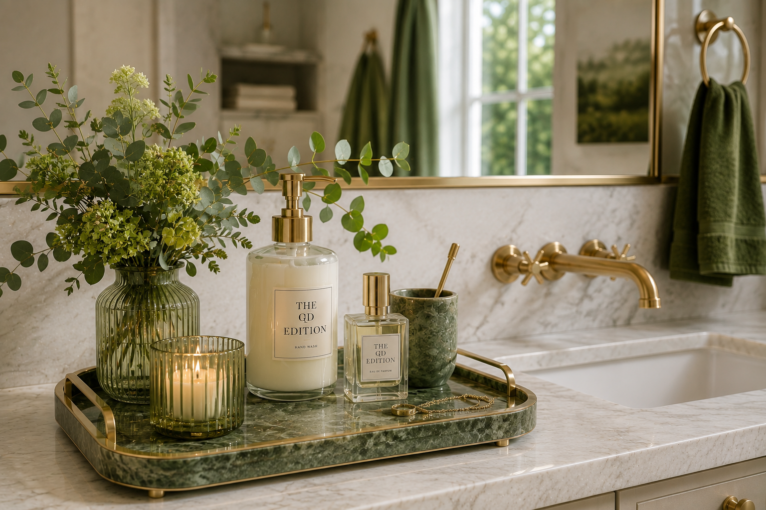 How to Style an Elegant Bathroom with Green Decor Elegant green bathroom tray with greenery, marble counter, and gold accents