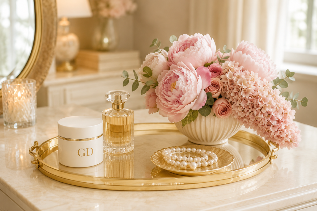 Gold vanity tray with asymmetrical pink peonies, hydrangeas, GD cream jar, perfume, and pearl jewelry