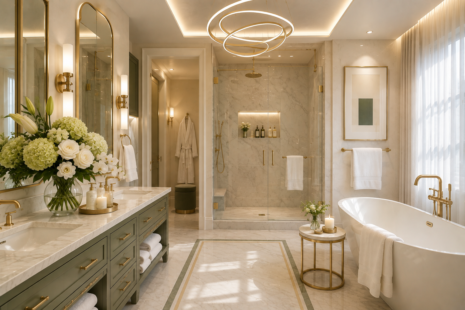 How to Style an Elegant Bathroom with Green Decor Elegant bathroom with soft green decor, marble surfaces, and gold accents