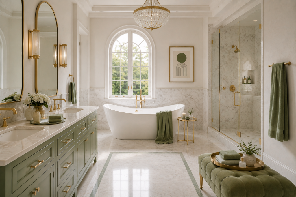 How to Style an Elegant Bathroom with Green Decor Elegant bathroom with soft green accents, marble surfaces, and gold details