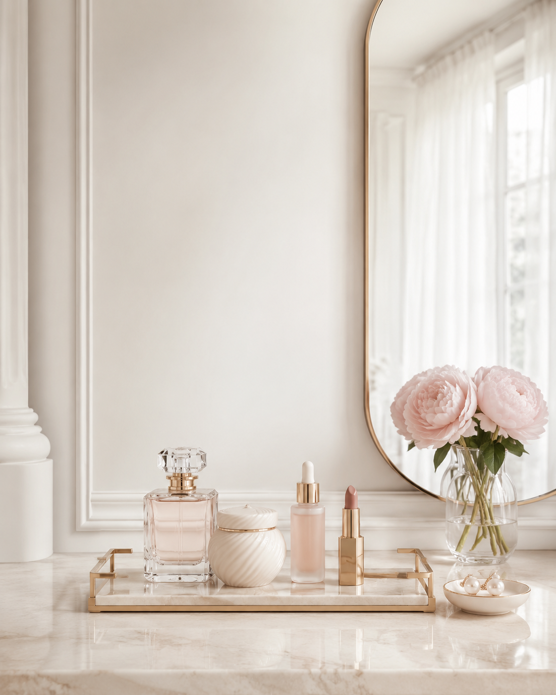 Elegant beauty vanity with perfume, skincare, and pink flowers