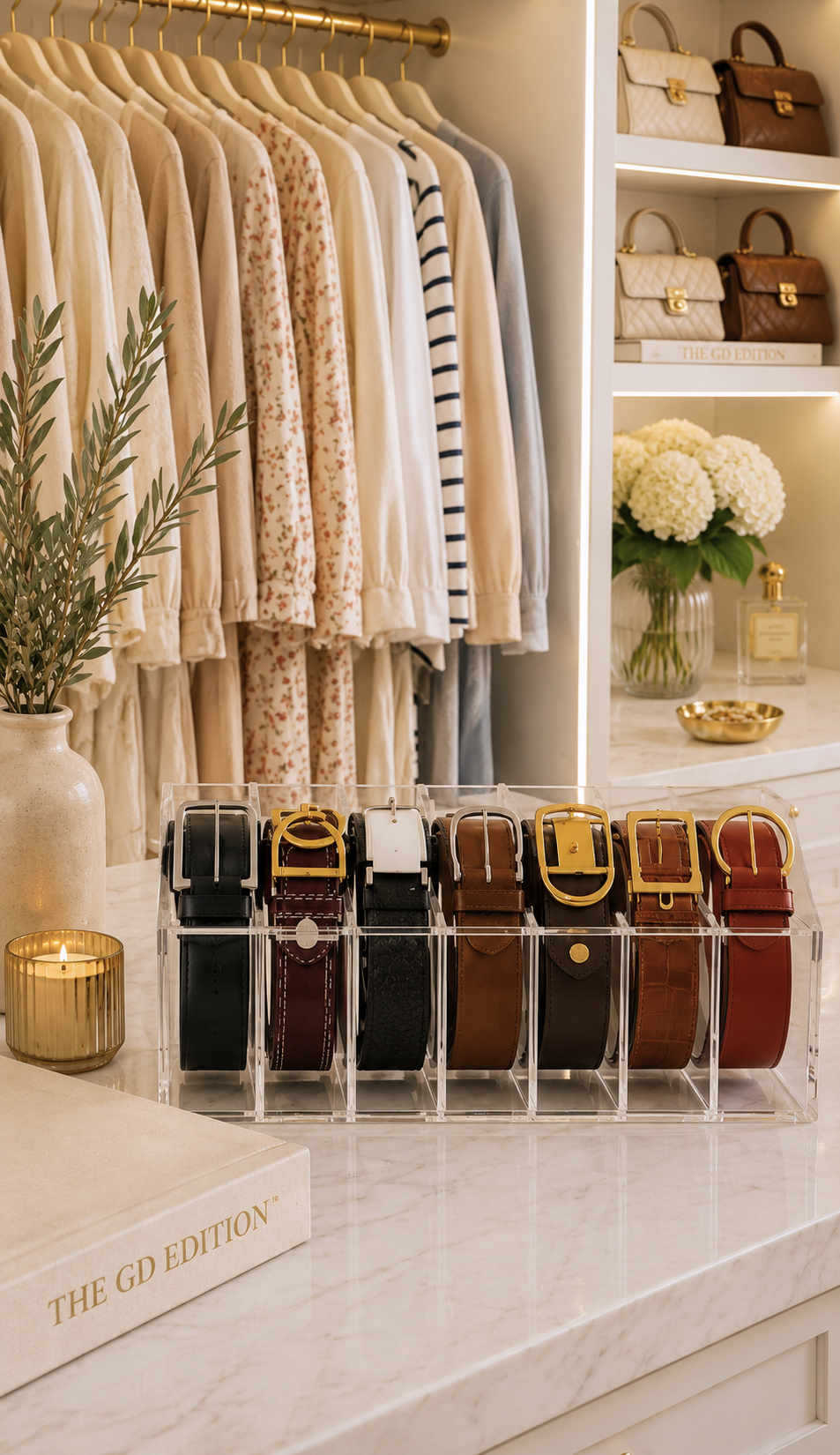 How to Organize an Elegant Closet Belts organized in a clear acrylic belt organizer in an elegant neutral closet.