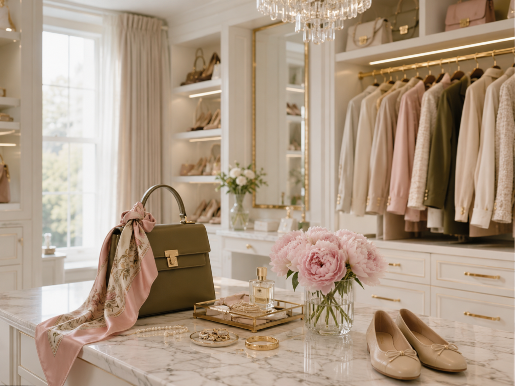 Elegant neutral walk-in closet with timeless clothing, olive green handbag, blush peonies, and classic accessories
