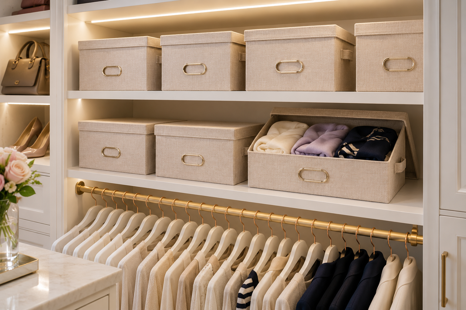 How to Organize an Elegant Closet Elegant closet shelves organized with linen storage boxes, folded scarves, matching hangers, and built-in lighting.