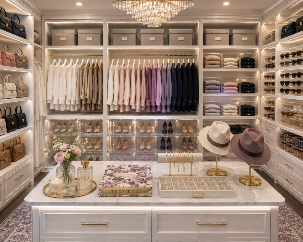 Elegant closet organization with clothing, handbags, shoes, and accessories