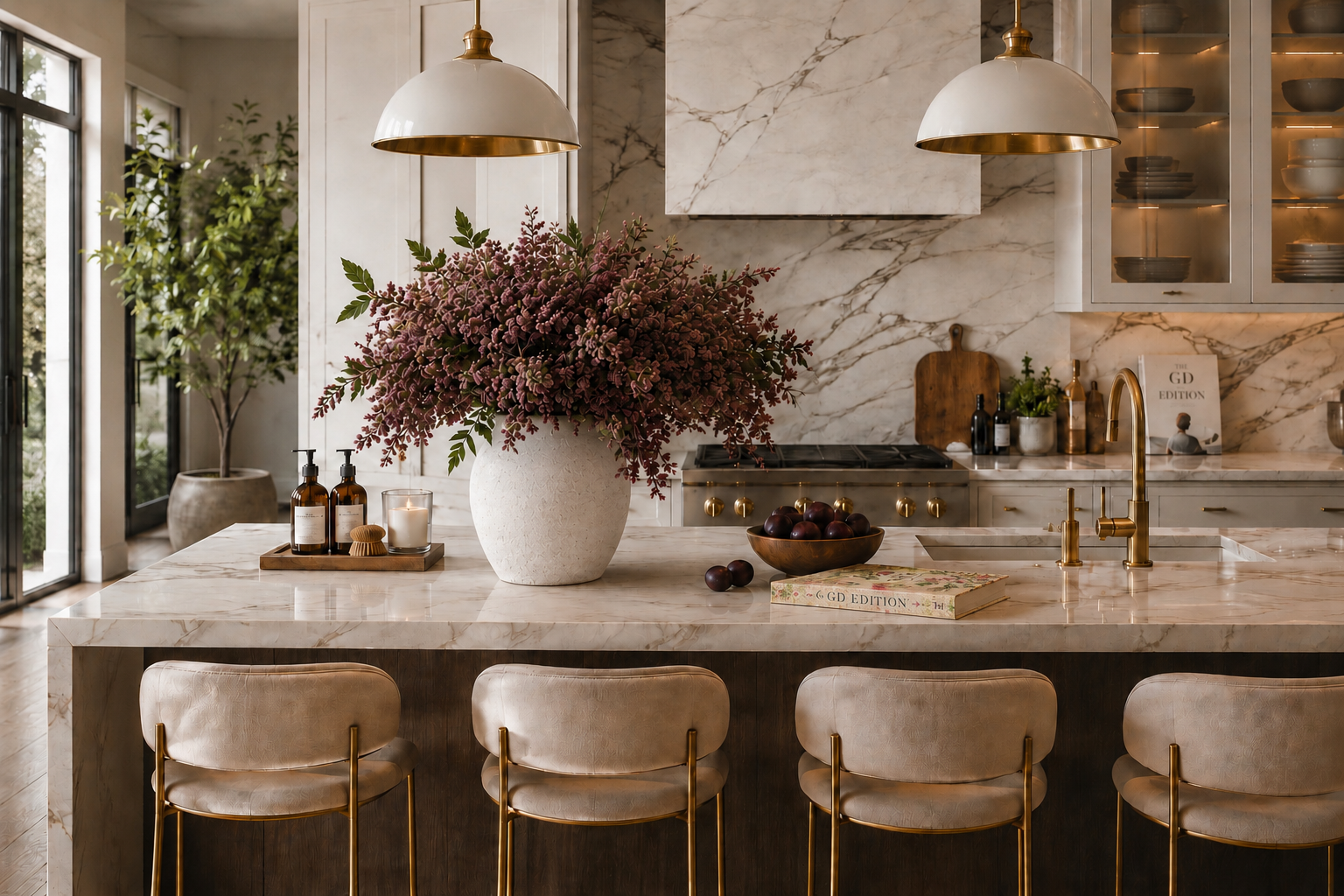 How to Style a Kitchen Island for Fall Elegant fall kitchen island with burgundy floral arrangement in a white vase, marble countertops, brass accents, and cream seating.