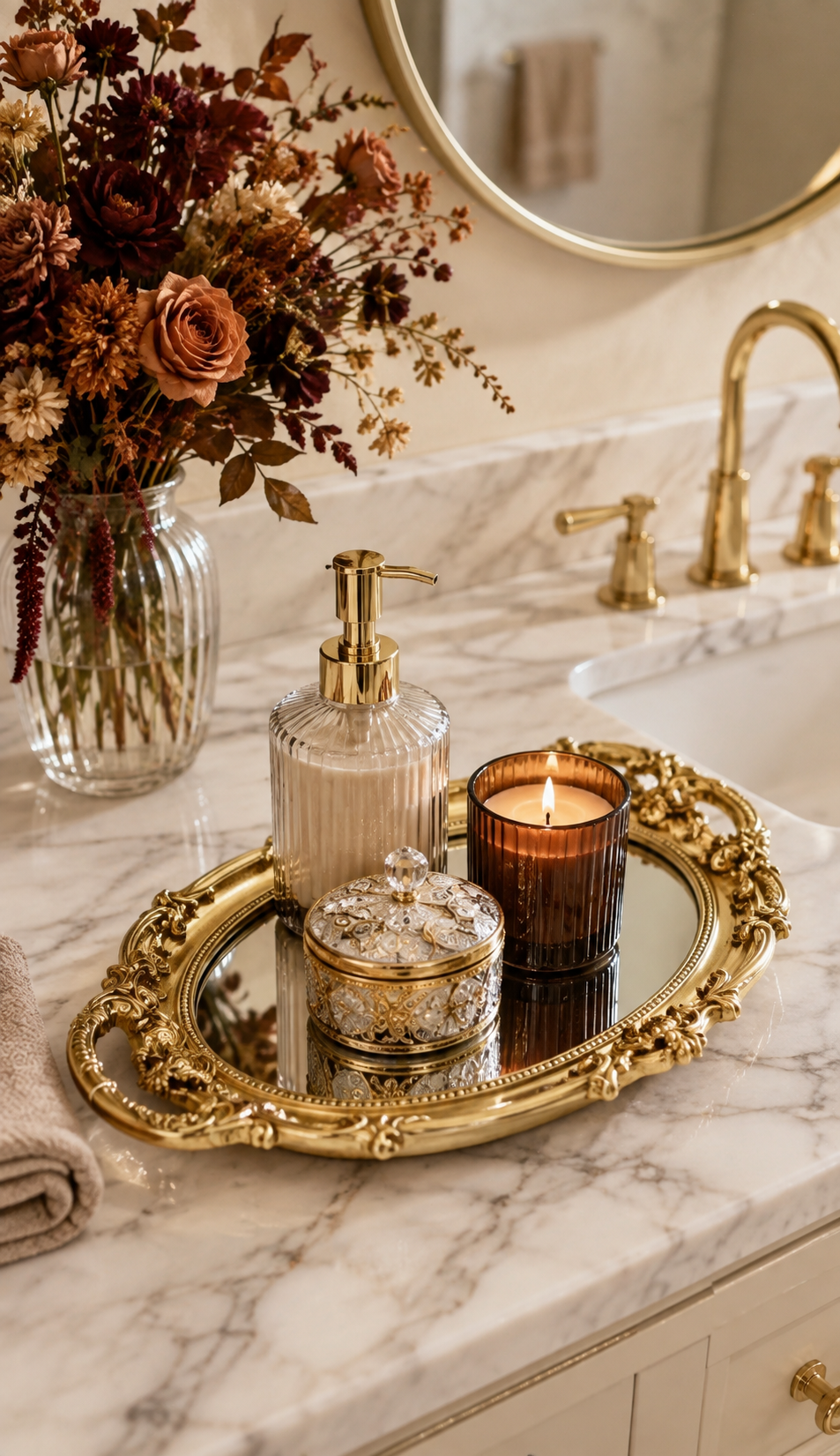 Elegant Bathroom Decor That Makes a Big Impact Elegant fall bathroom decor with an ornate gold vanity tray, warm seasonal flowers, candle, and decorative accessories.