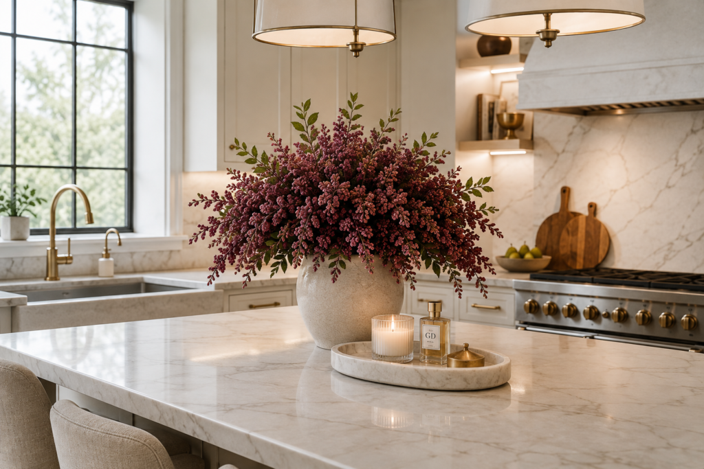 How to Style a Kitchen Island for Fall Dusty plum floral arrangement in a white vase styled on a marble kitchen island for Fall.