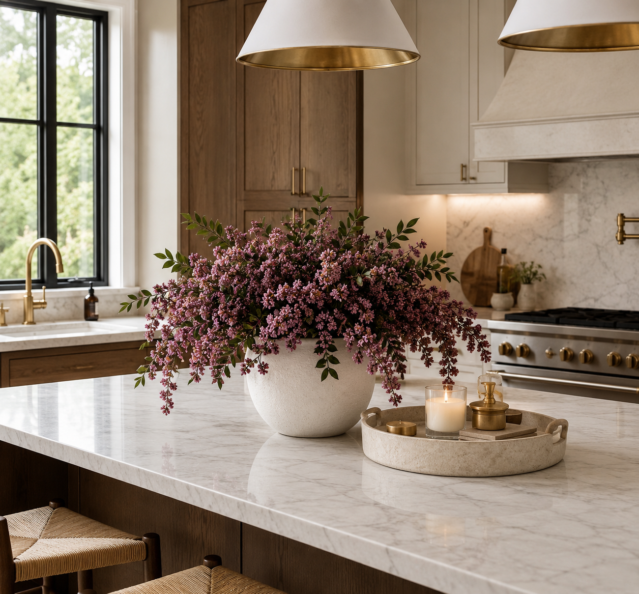 How to Style a Kitchen Island for Fall Fall kitchen island with a dusty plum floral arrangement in a white textured vase, warm wood cabinets, marble countertops, and gold accents.
