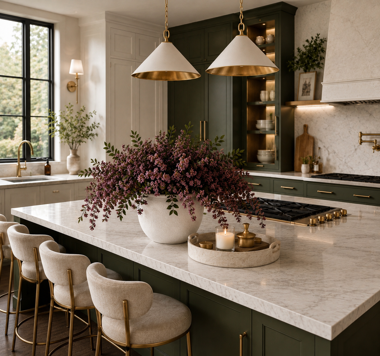 How to Style a Kitchen Island for Fall Fall kitchen island with a cooktop, dusty plum floral arrangement in a white vase, olive green cabinets, marble countertops, and gold accents.