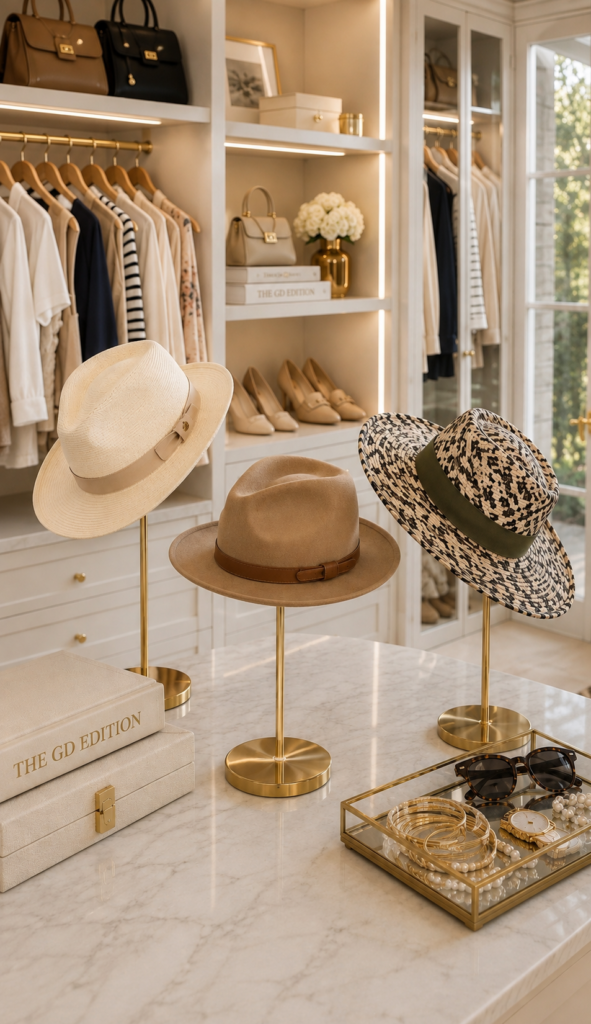 How to Organize an Elegant Closet Elegant hats displayed on gold hat stands in a beautifully organized neutral closet.