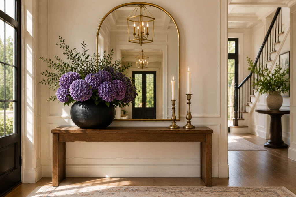 How to Style an Elegant Entryway Table Elegant entryway with warm wood console table, gold arched mirror, purple hydrangeas, and antique brass candle holders