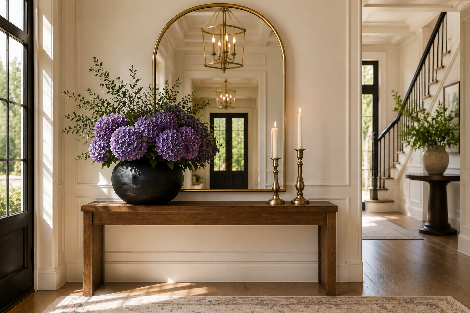 How to Style an Elegant Entryway Table Elegant entryway with warm wood console table, gold arched mirror, purple hydrangeas, and antique brass candle holders