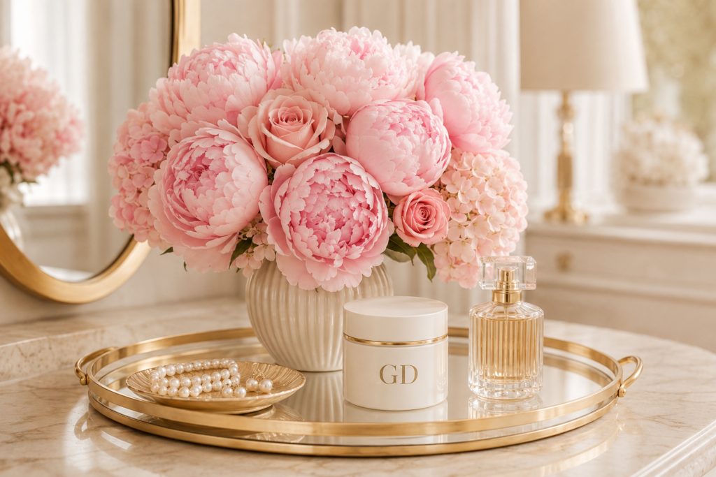 How to Style an Elegant Vanity Tray with Flowers Elegant gold vanity tray with pink peonies, roses, hydrangeas, perfume, GD cream jar, and pearl jewelry