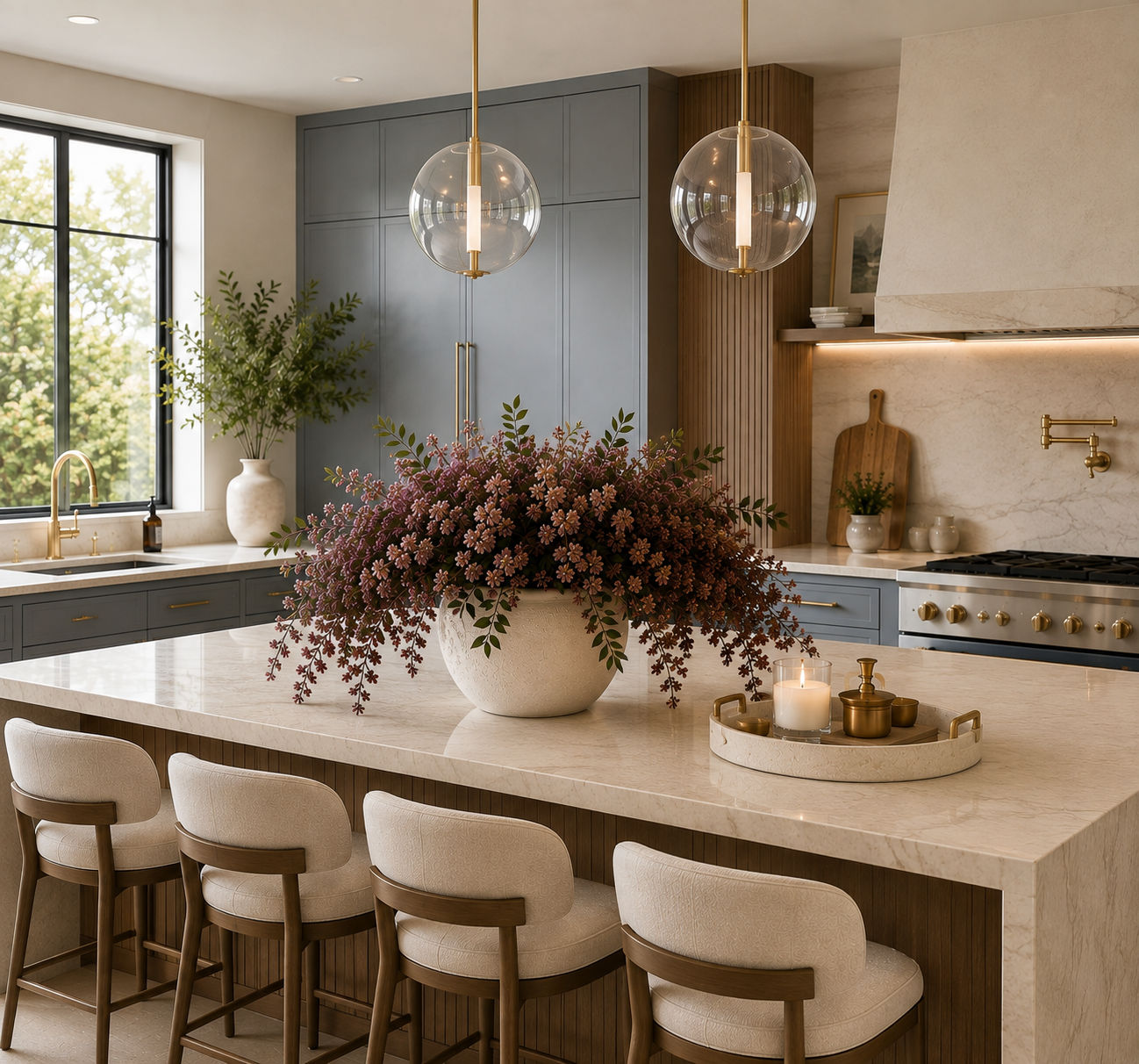 How to Style a Kitchen Island for Fall Modern Fall kitchen island with dusty plum floral arrangement in a white textured vase, blue-gray cabinets, warm wood details, and gold accents.