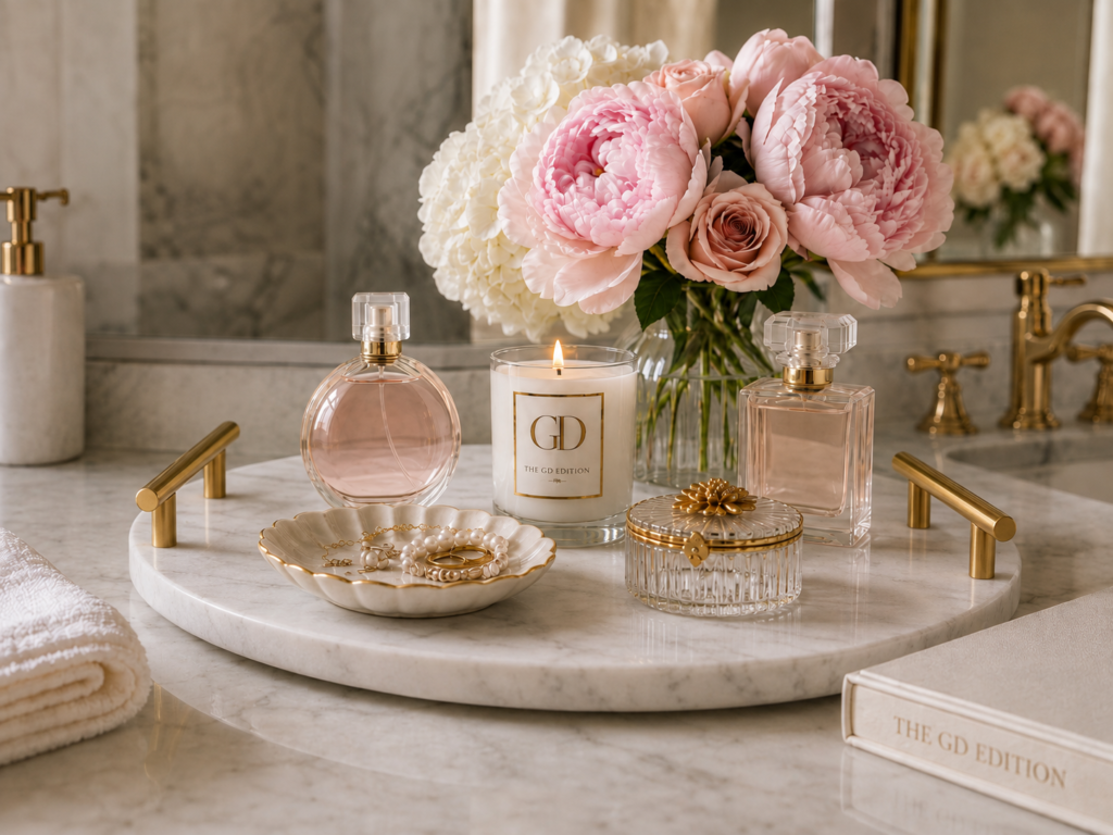 How to Create an Elegant Perfume Tray Elegant white marble perfume tray with gold handles styled with pink peonies, perfume bottles, a GD candle, and pearl jewelry.
