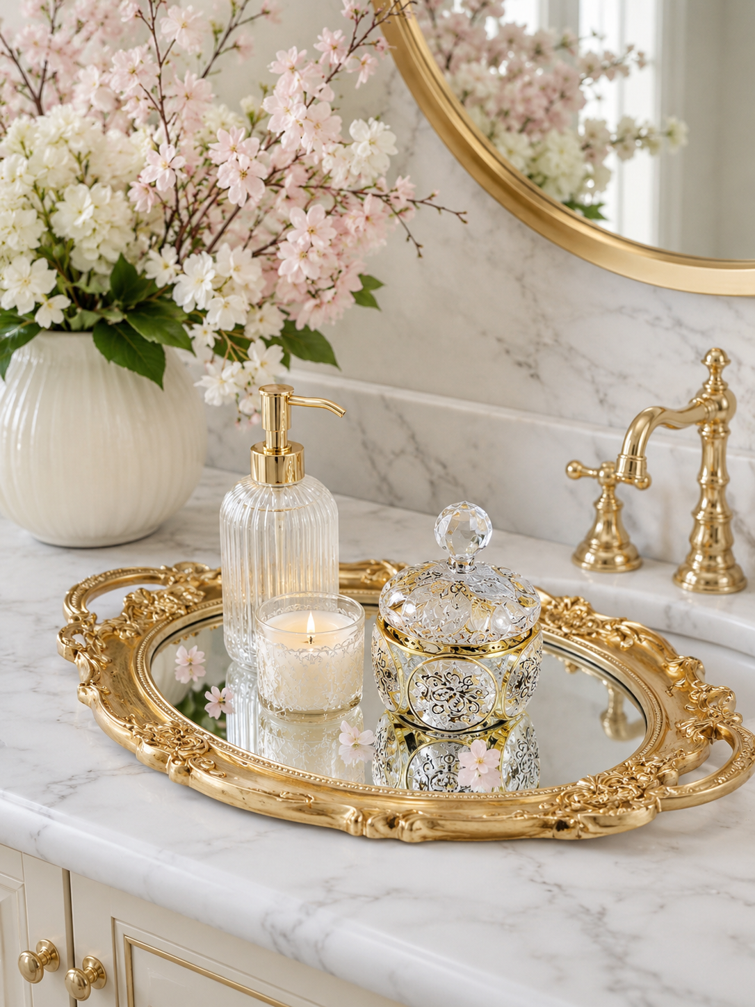 Elegant Bathroom Decor That Makes a Big Impact Spring bathroom decor with an ornate gold mirrored tray, white flowers, fresh greenery, candle, and decorative accessories on a marble vanity.
