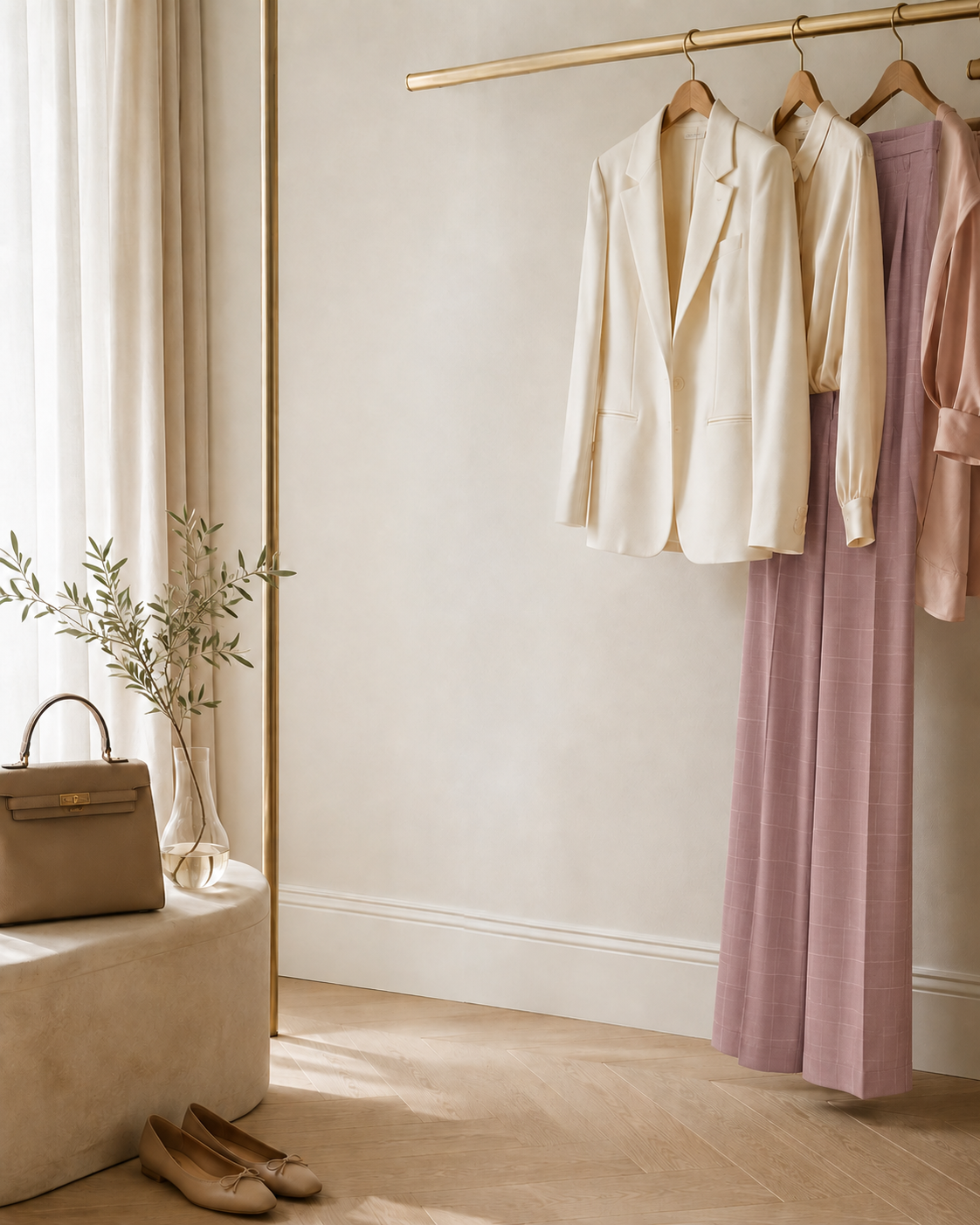 Curated neutral wardrobe with blush clothing and accessories