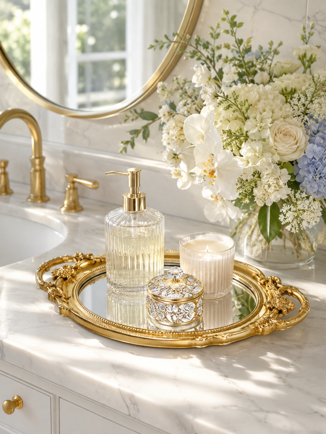 Elegant Bathroom Decor That Makes a Big Impact Summer bathroom decor with an ornate gold mirrored tray, white flowers, soft blue accents, candle, and decorative accessories on a marble vanity.