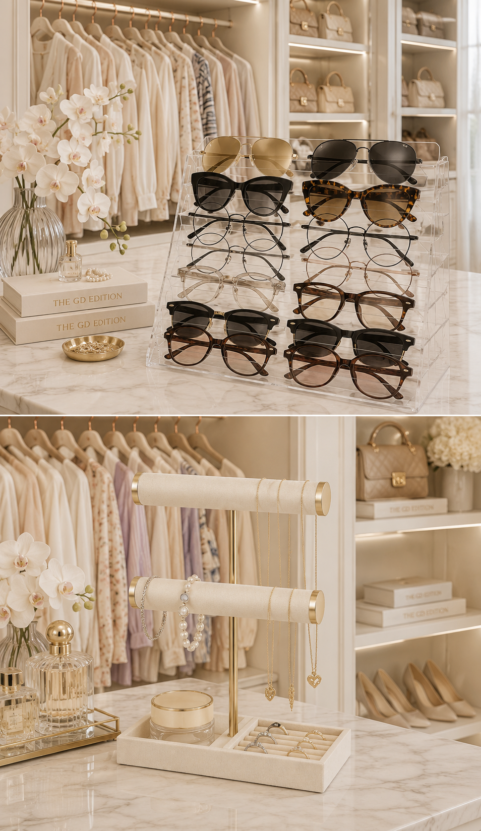How to Organize an Elegant Closet Sunglasses and eyeglasses organized in a clear acrylic organizer in an elegant closet.