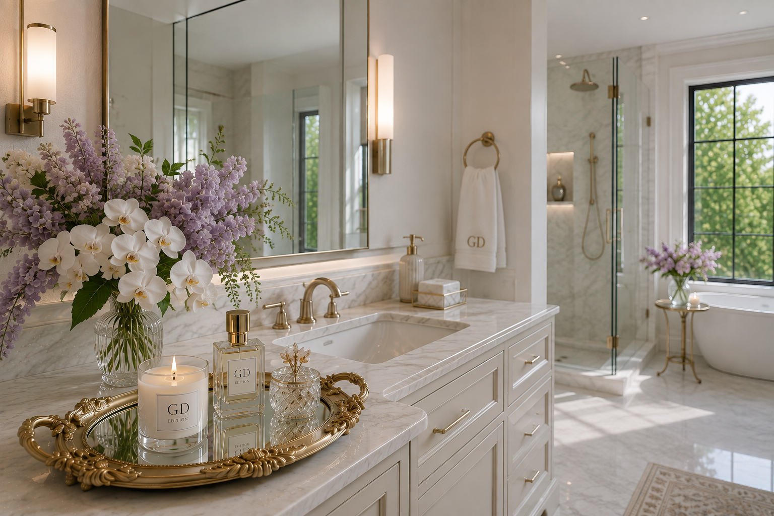 Elegant Bathroom Decor That Makes a Big Impact Elegant modern bathroom with a gold decorative tray, lilac flowers, white orchids, marble vanity, and refined gold accents.