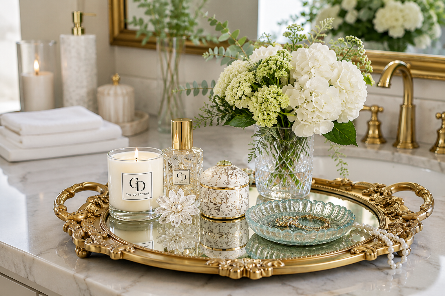 Elegant Bathroom Decor That Makes a Big Impact Elegant bathroom vanity with an ornate gold mirrored tray, white flowers, GD candle, decorative accessories, and marble countertop.