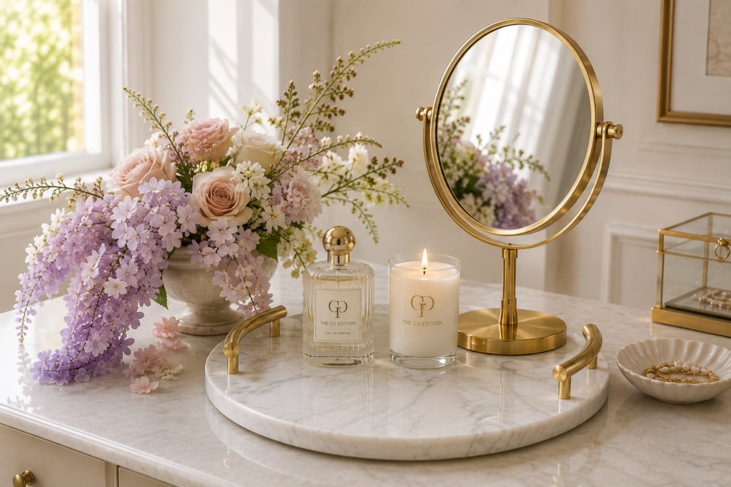 How to Create an Elegant Beauty Vanity Elegant beauty vanity with round marble tray, gold mirror, lilac flowers and candle
