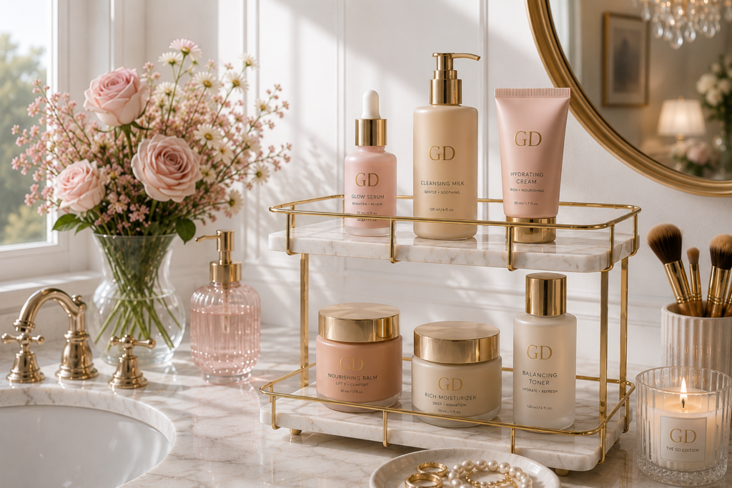 How to Create an Elegant Beauty Vanity Elegant beauty vanity with a two-tier marble and gold skincare organizer, blush skincare bottles, pink roses, gold mirror, and vanity accessories.