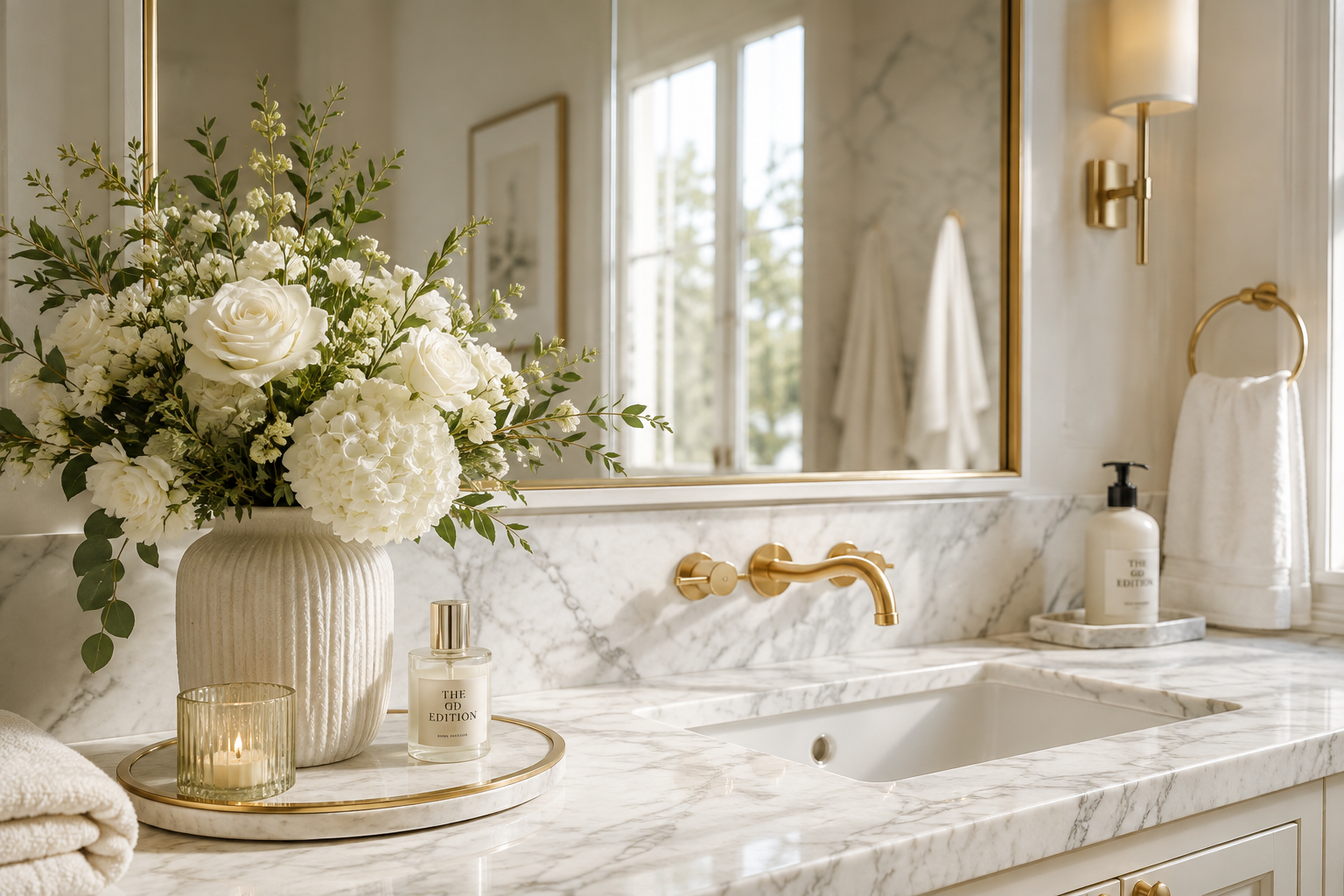 How to Style an Elegant Bathroom with Green Decor Elegant bathroom vanity with white flowers, soft green leaves, marble surfaces, and gold accents