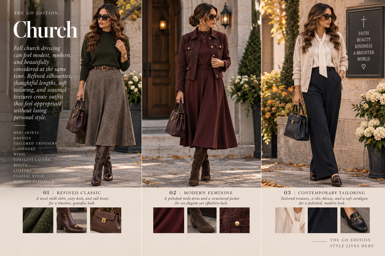 What Should I Wear This Fall? Three modern fall church outfits featuring a wool midi skirt with boots, burgundy midi dress with a structured jacket, and tailored navy trousers with ivory layers