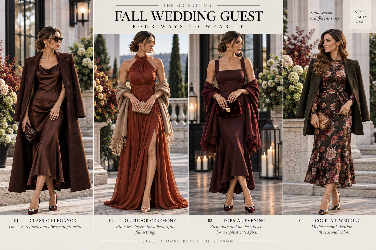 What Should I Wear This Fall? Four elegant fall wedding guest outfit ideas in chocolate brown, rust, burgundy and dark floral tones