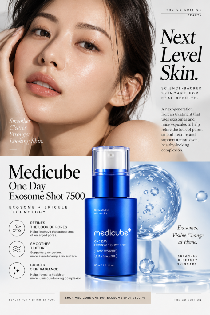 Exosomes in Skincare: What They Are, How They Work & 3 Serums to Know in 2026 Medicube One Day Exosome Shot 7500 serum featured in a skincare editorial with a model and exosome-inspired visuals.