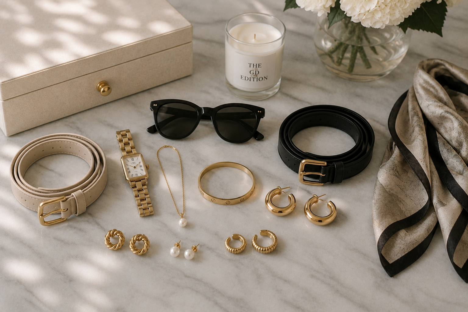 Elegant Casual Outfits for Women: Classy Everyday Outfit Ideas Elegant accessories including gold jewelry, pearl earrings, black sunglasses, beige and black belts, a silk scarf, and a classic watch.
