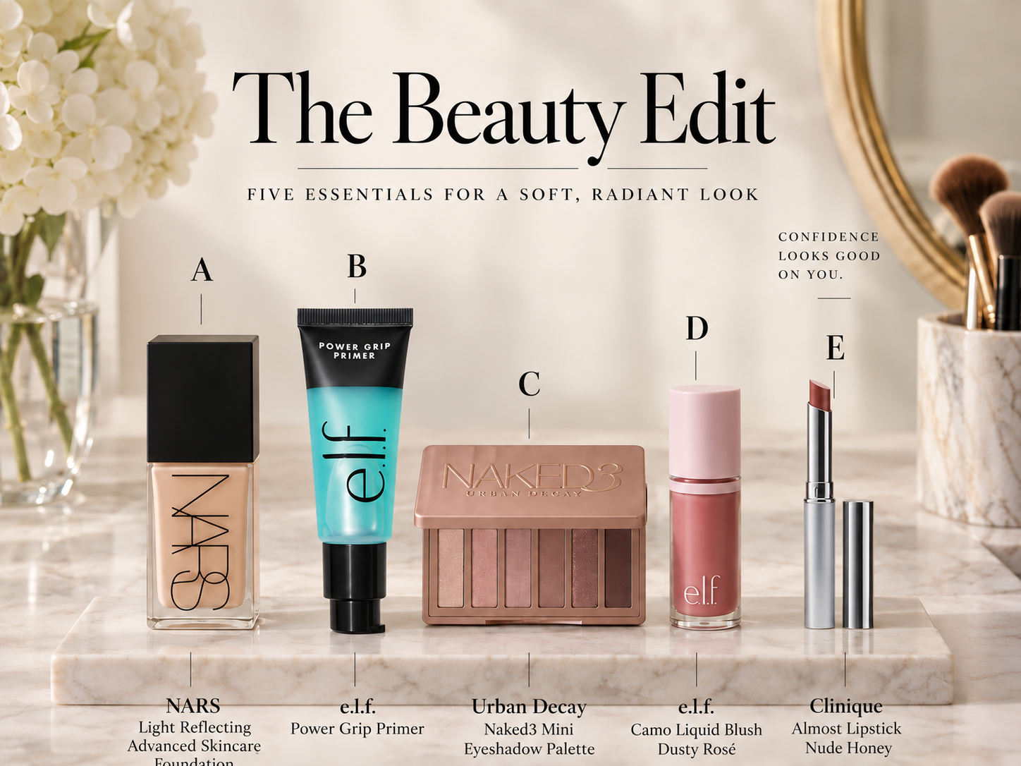 The Beauty Edit featuring five makeup essentials labeled A through E: NARS Light Reflecting Advanced Skincare Foundation, e.l.f. Power Grip Primer, Urban Decay Naked3 Mini Eyeshadow Palette, e.l.f. Camo Liquid Blush in Dusty Rosé, and Clinique Almost Lipstick in Nude Honey.
