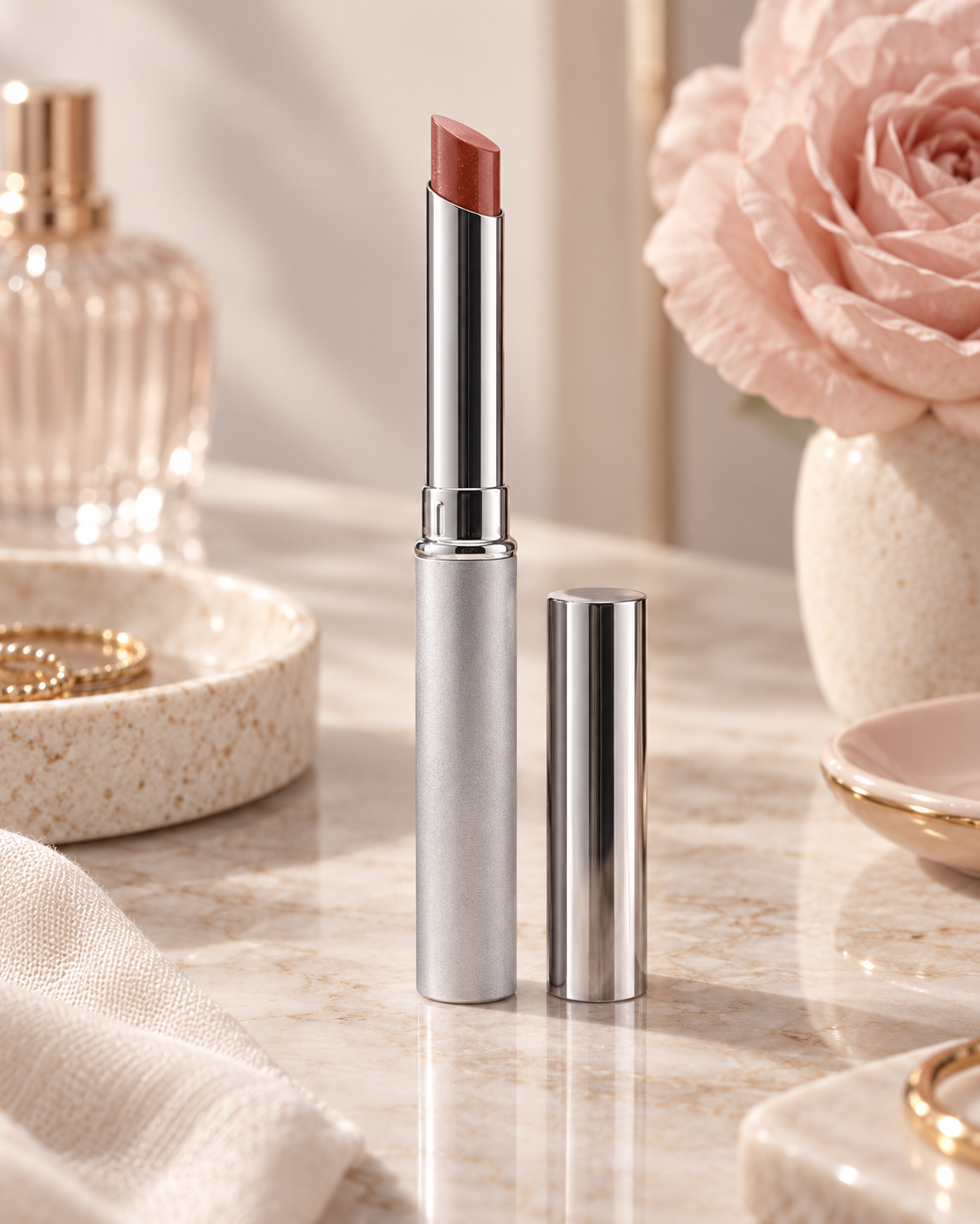 Clinique Almost Lipstick in Nude Honey displayed on an elegant vanity with soft neutral styling.
