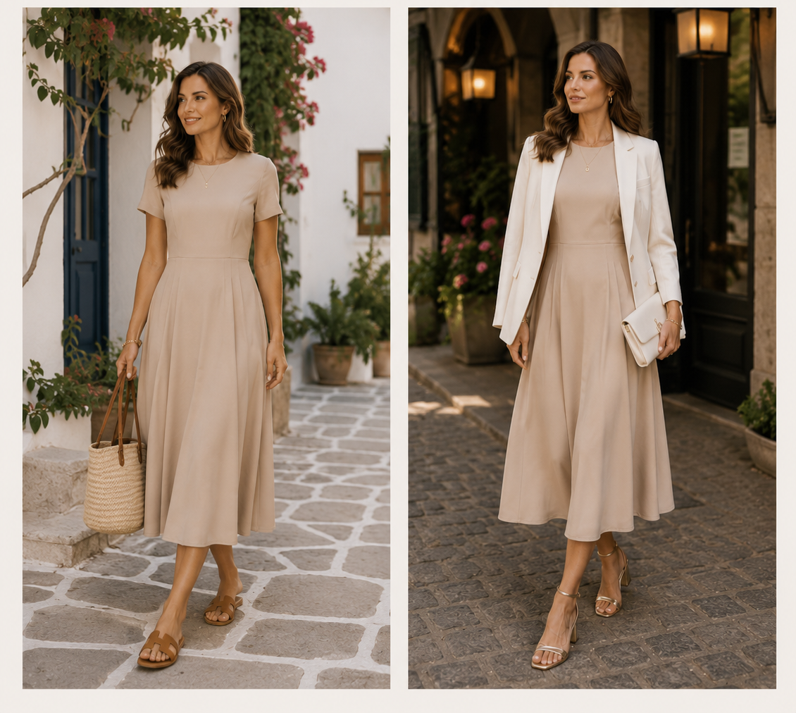 Elegant Casual Outfits for Women: Classy Everyday Outfit Ideas Elegant day-to-dinner dress styling with flat sandals for daytime and a blazer with low-heel sandals for dinner.