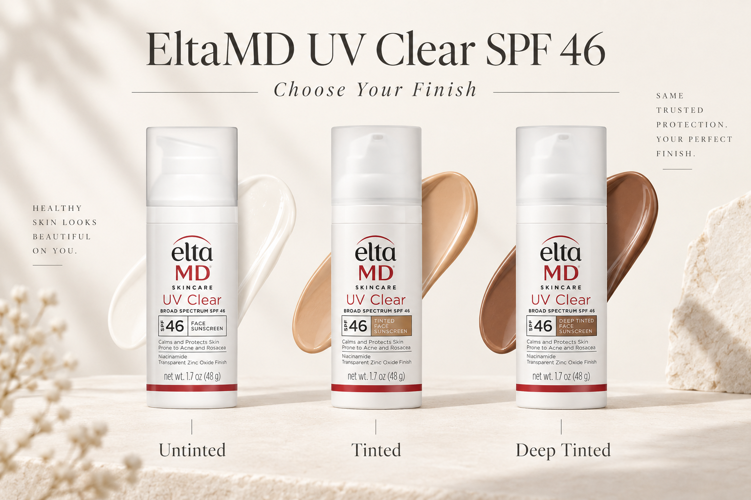 EltaMD UV Clear SPF 46 sunscreen options in Untinted, Tinted, and Deep Tinted finishes.