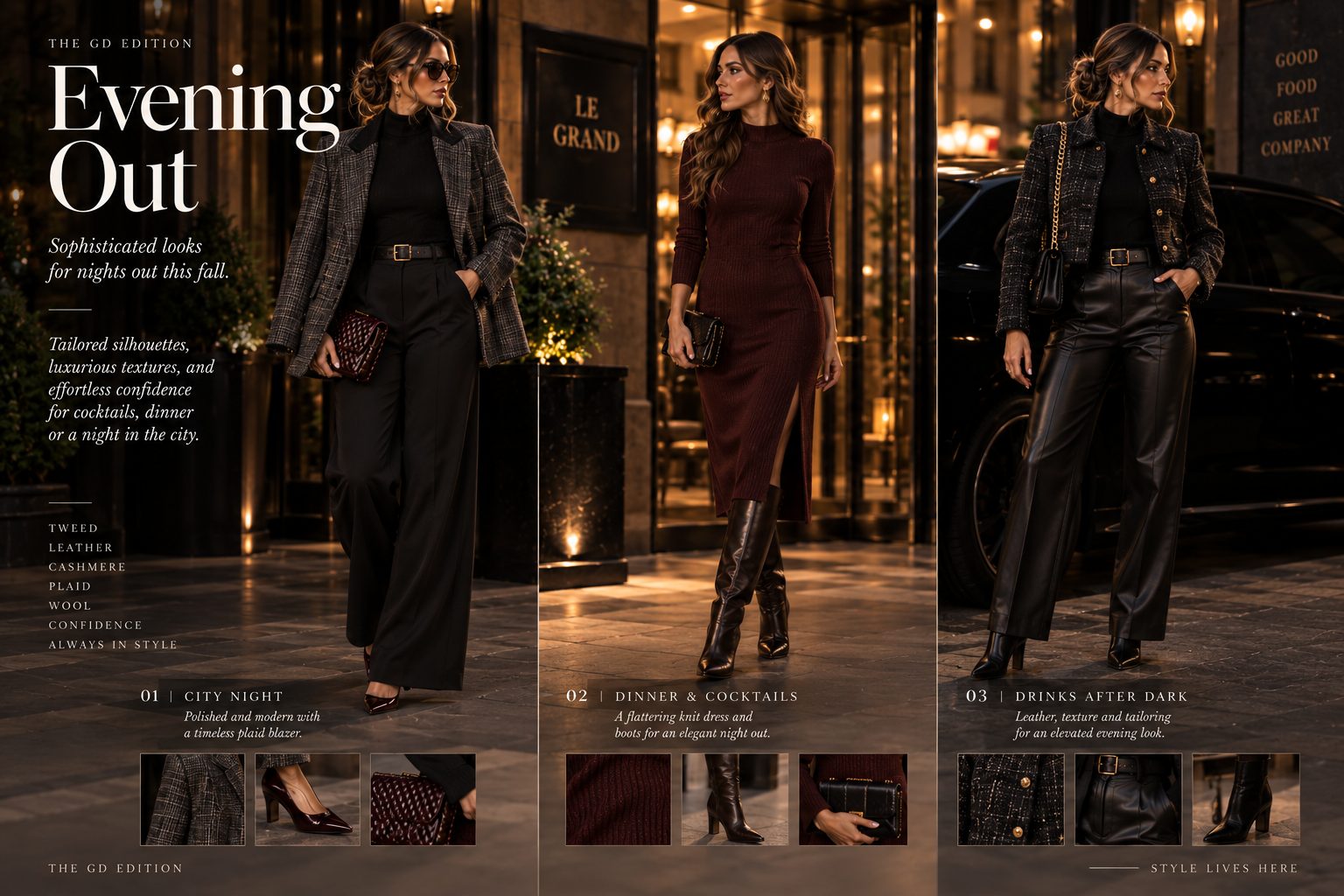 What Should I Wear This Fall? Three fall evening outfits featuring a plaid blazer, burgundy knit midi dress with tall boots, and tweed jacket with leather trousers