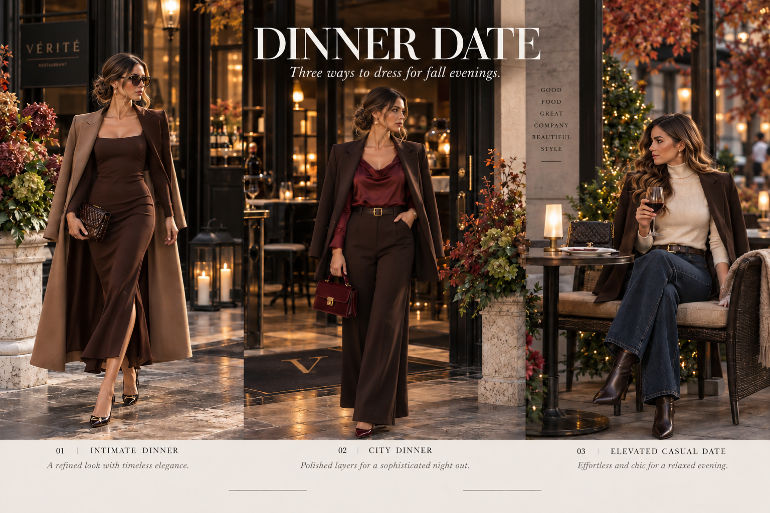What Should I Wear This Fall? Three fall dinner date outfit ideas featuring a chocolate dress, burgundy tailored look and elevated casual denim outfit