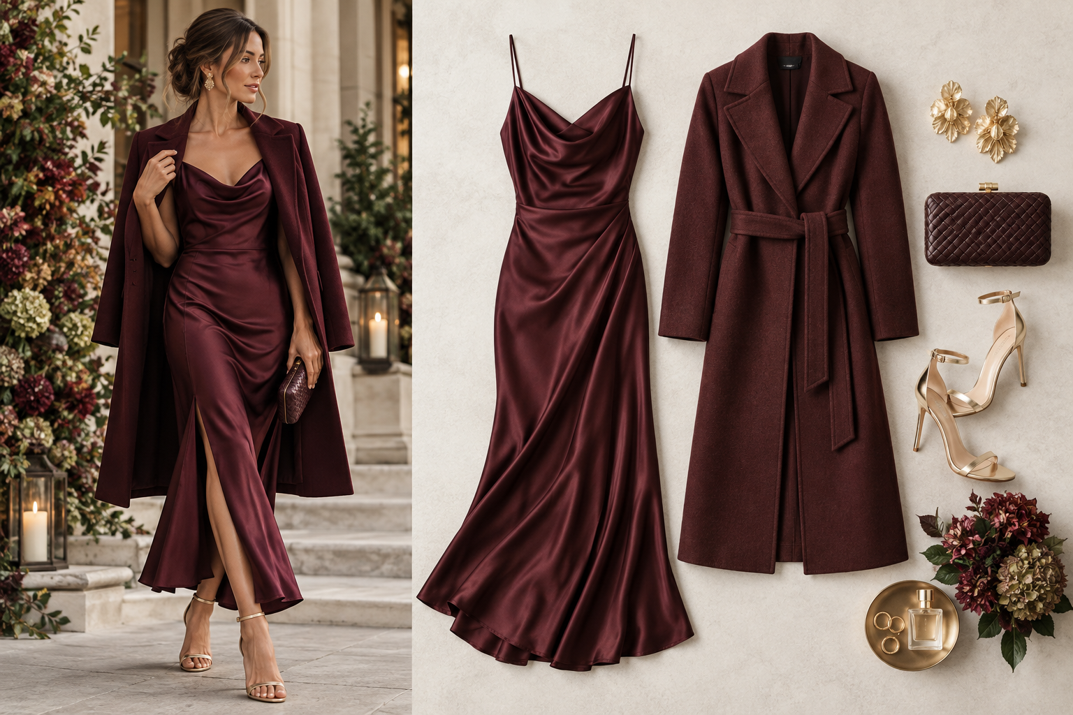What Should I Wear This Fall? Fall wedding guest outfit with burgundy satin dress, long coat, gold heels, clutch and accessories