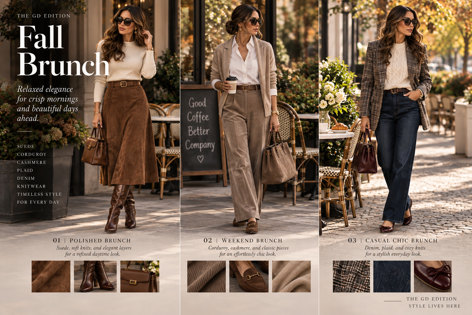 What Should I Wear This Fall? Three fall brunch outfits featuring a suede midi skirt, taupe corduroy trousers and dark denim with a plaid blazer
