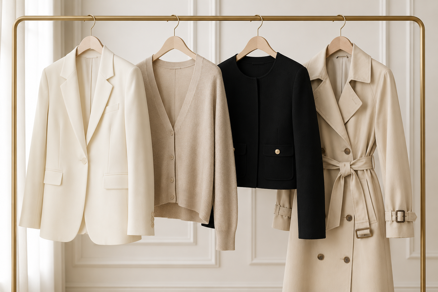 Elegant Casual Outfits for Women: Classy Everyday Outfit Ideas Elegant casual layering pieces for women, including a blazer, lightweight cardigan, cropped jacket, and trench coat in neutral colors.
