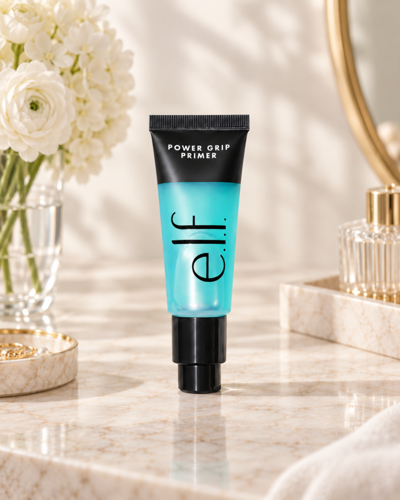 e.l.f. Power Grip Primer for hydrating dry skin prep before soft glam makeup.